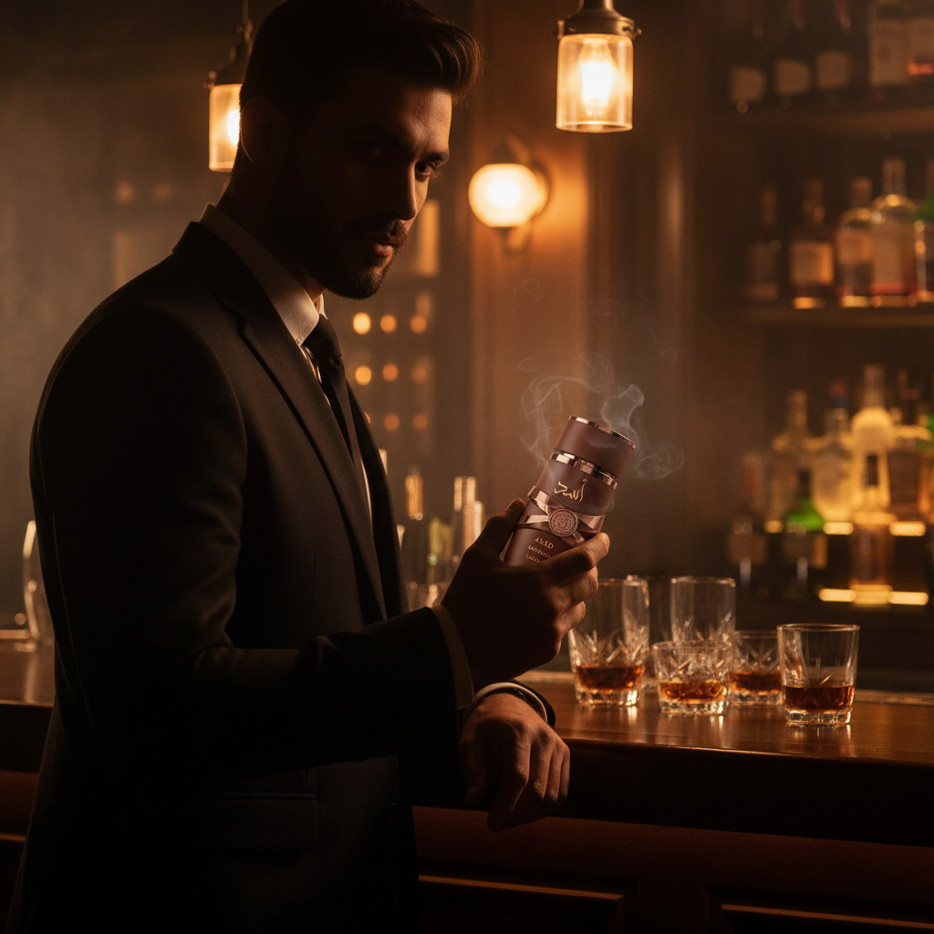 Asad Bourbon Lattafa - hombre elegante en bar nocturno