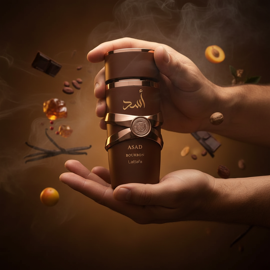 Asad Bourbon Lattafa - manos masculinas con atmósfera bourbon y chocolate