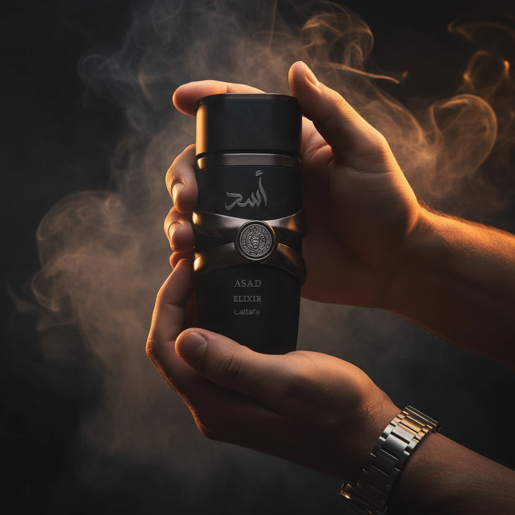 Asad Elixir Lattafa - manos masculinas con humo y luz ámbar
