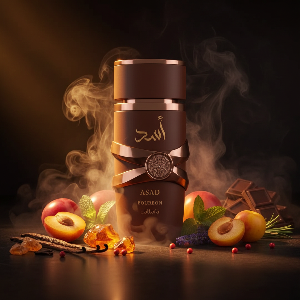 Asad Bourbon Lattafa - editorial oscuro con luz ámbar