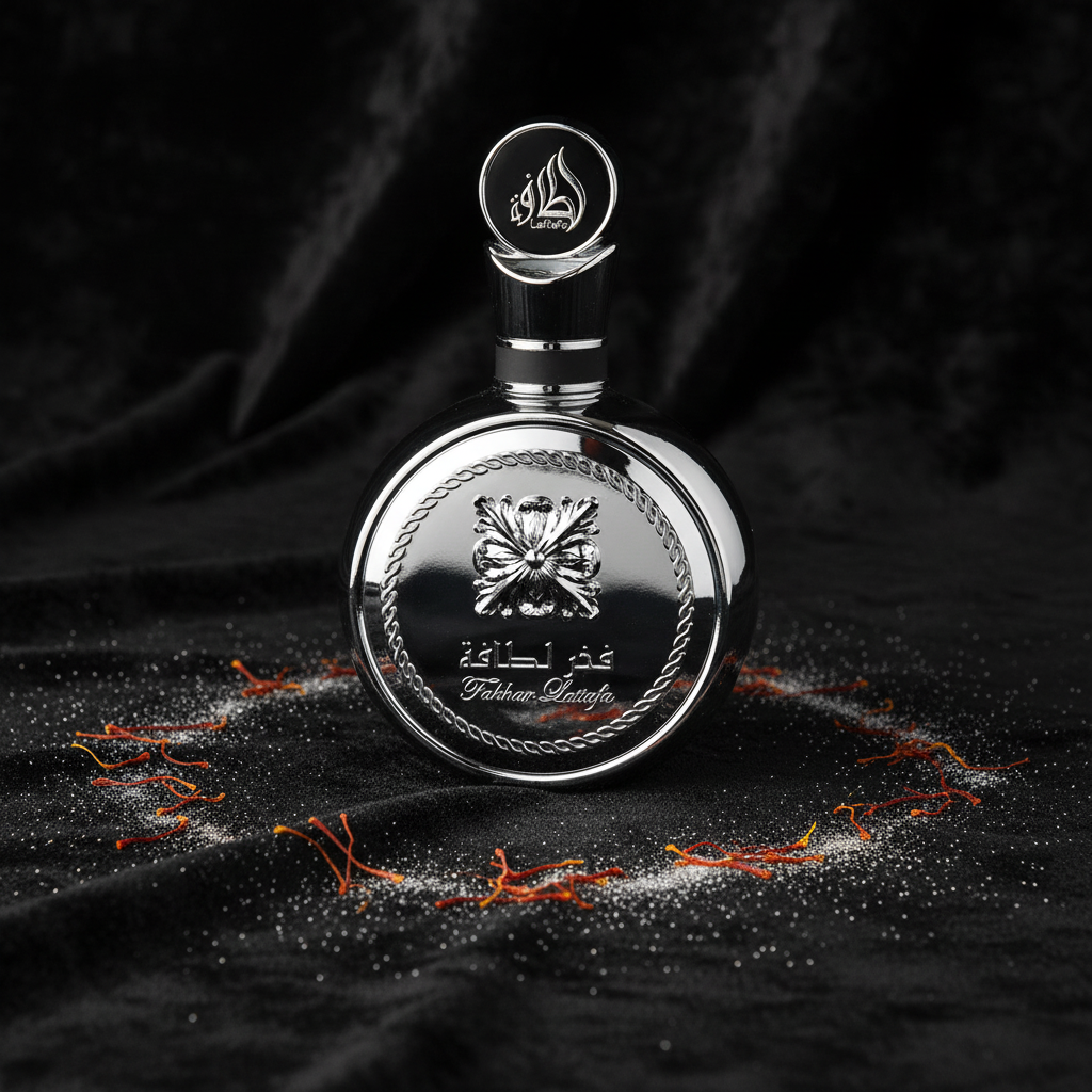 Fakhar Platinum - Lifestyle sobre terciopelo negro con polvo plateado