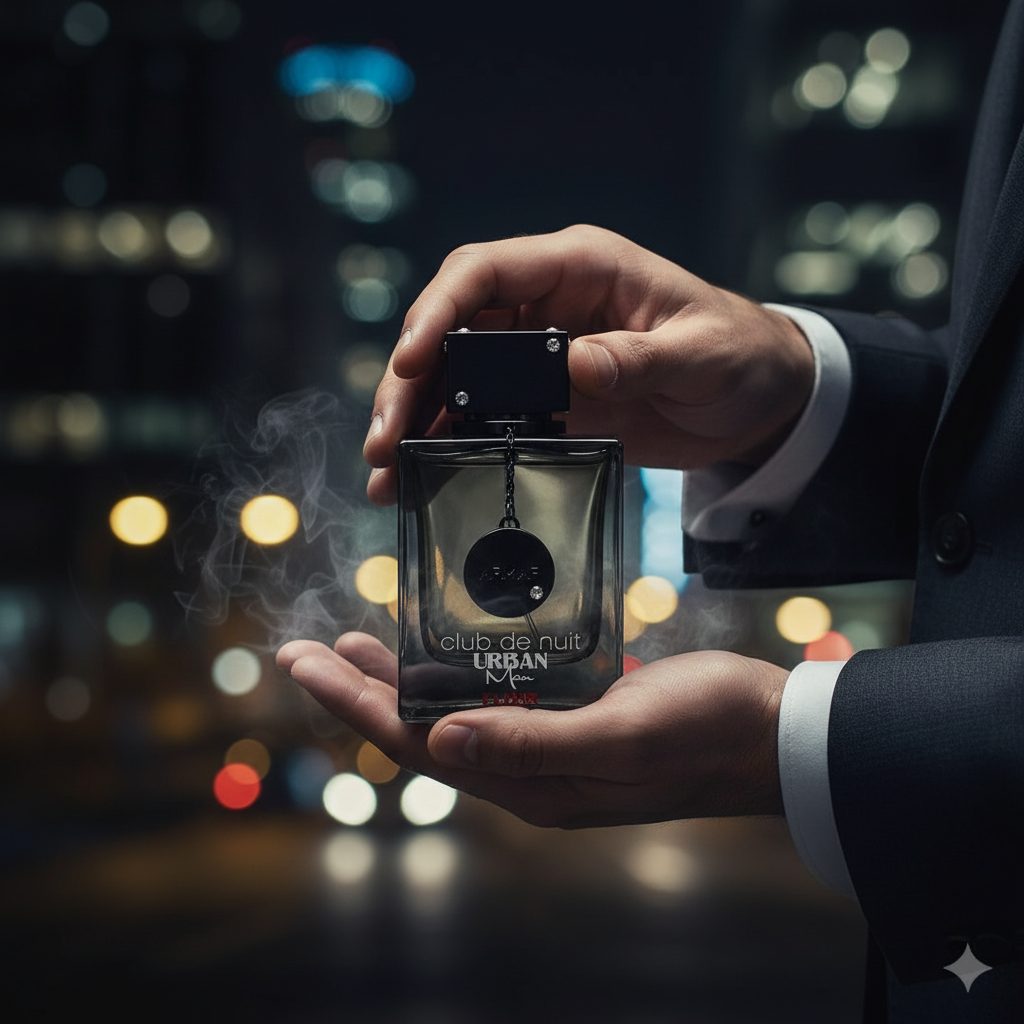 Club de Nuit Urban Man Elixir - manos masculinas con luces de ciudad