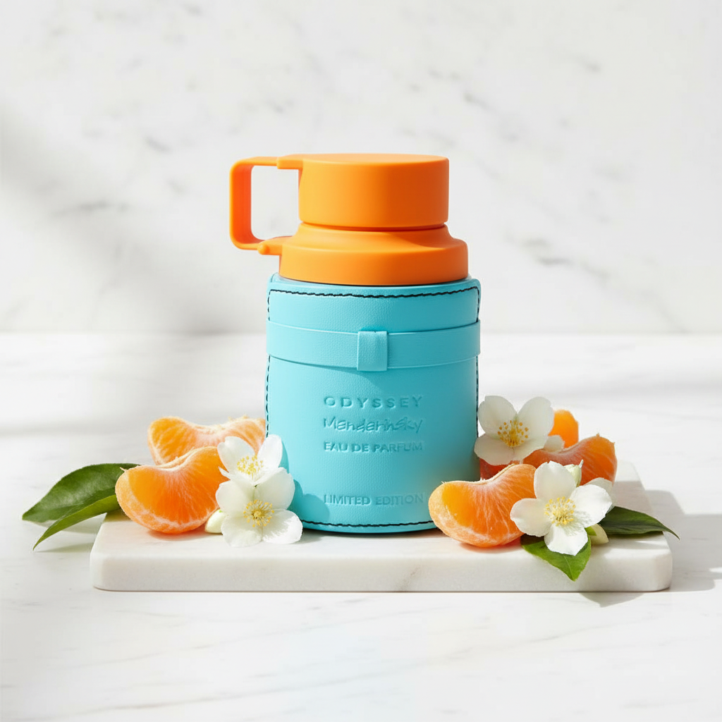 Mandarin Sky - Lifestyle sobre mármol blanco con frutas cítricas