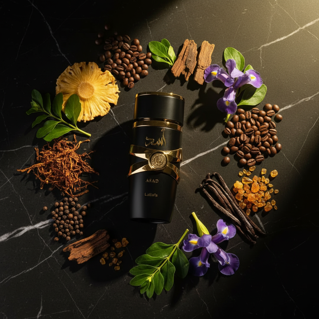 Asad Lattafa - notas aromáticas: pimienta negra, tabaco, café, vainilla y ámbar