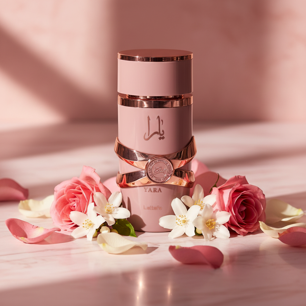 Yara Elixir - Lifestyle sobre mármol rosa con pétalos