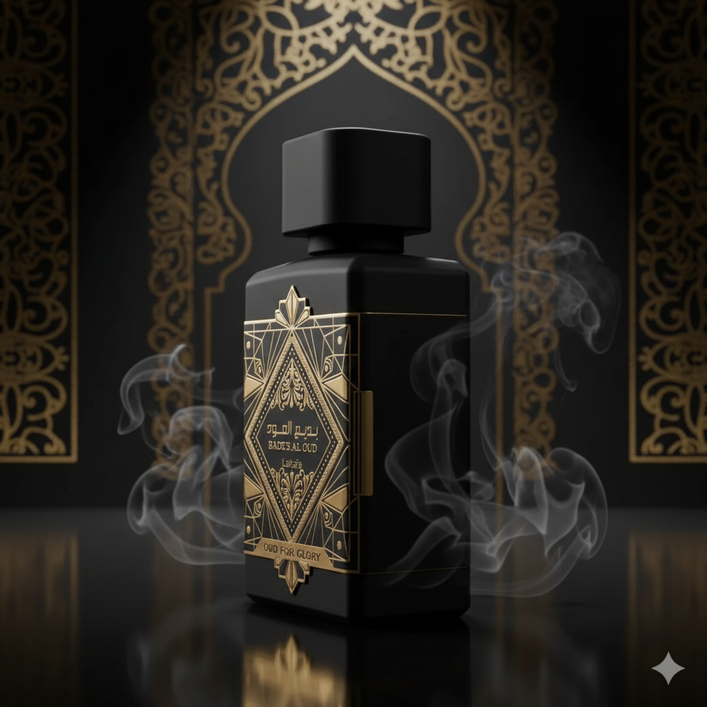 Lattafa Bade'E Al Oud For Glory 100ml - fondo negro y dorado