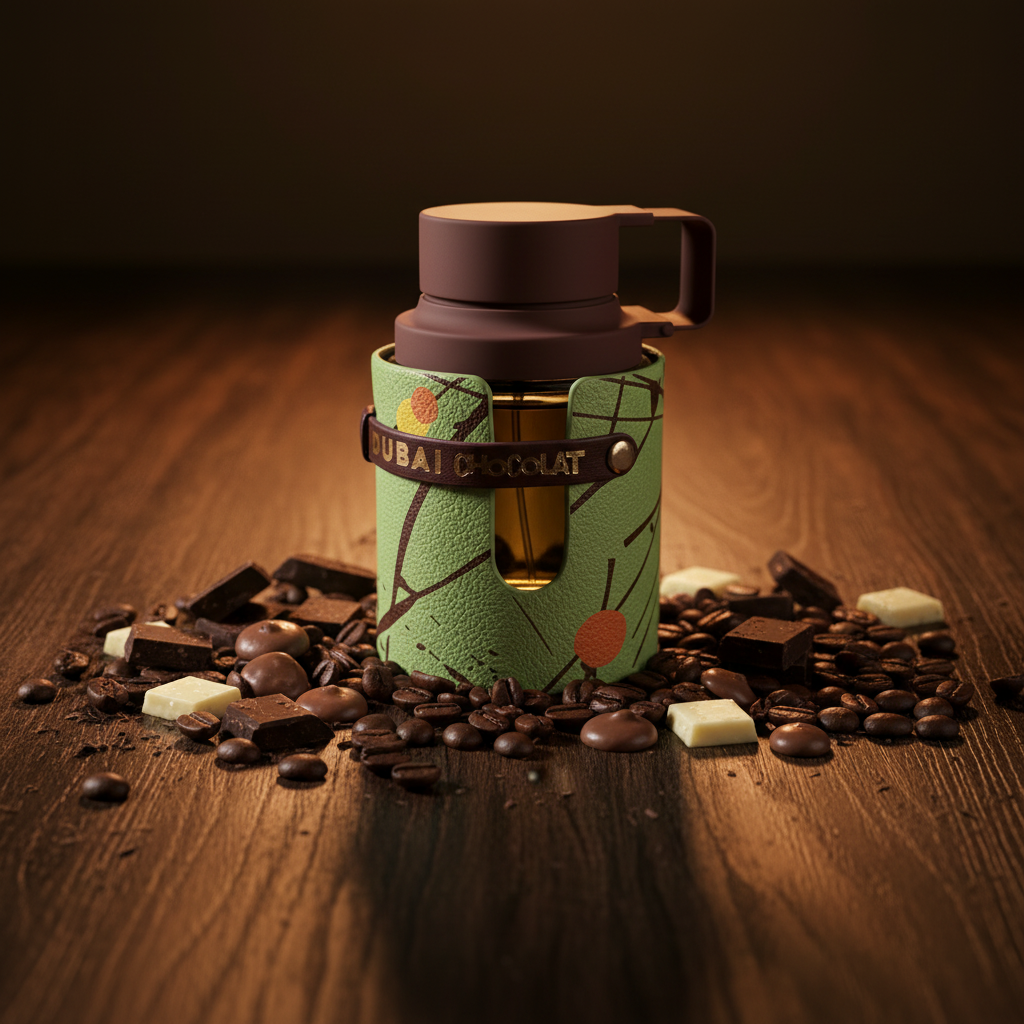 Dubai Chocolat - Lifestyle con frasco sobre madera oscura